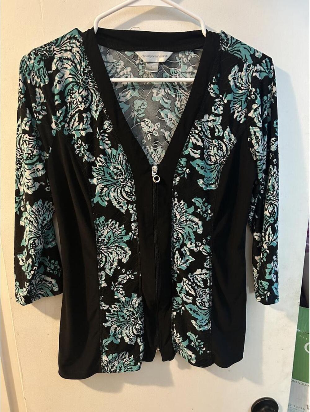 Christopher & Banks black and teal floral print zip-up cardigan in a S